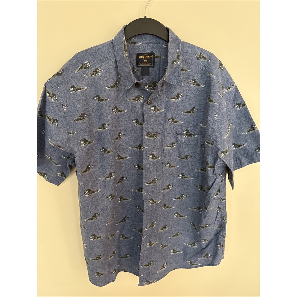 Vintage Woolrich Button Down Shirt Men XL Hunting Black Lab Short Sleeve Blue